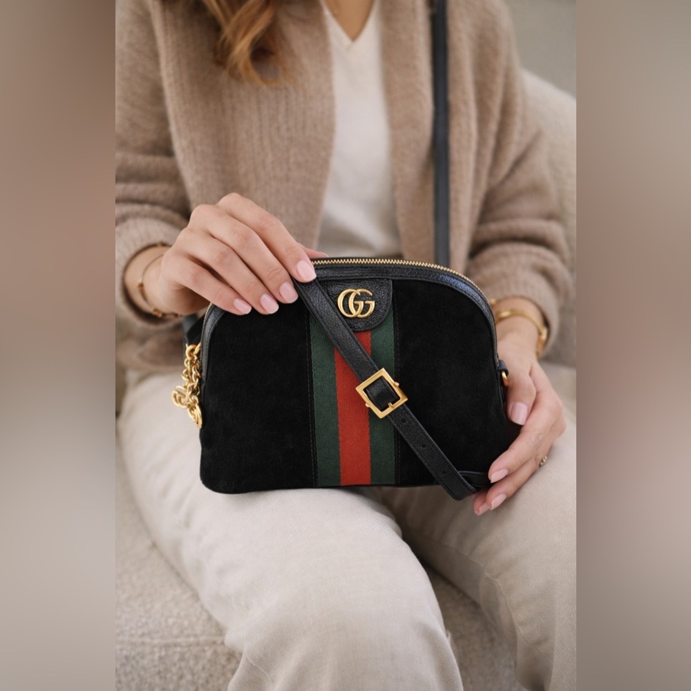 Gucci Ophidia Small Dome Black Suede Crossbody Bag GG Stripe Gold Hardware - Picture 2 of 15